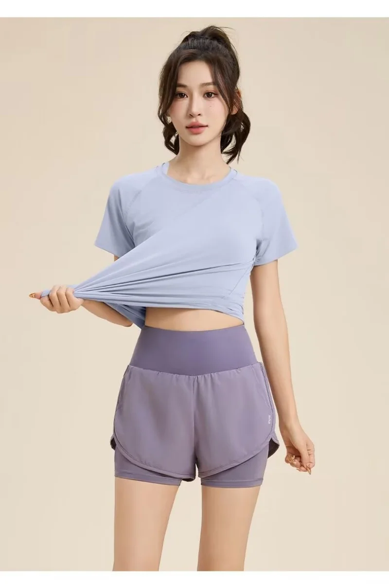 Summer new professional quick drying fitness three part pants for women, anti glare sports pants, fake two piece outdoor running