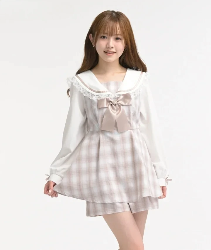 

Japanese Original Single Mine Plaid Long Sleeve Dress Sweet Bow Sailor Collar Top and Base Shorts Fashion Two Piece Set