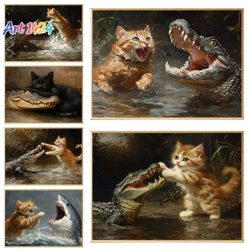 1pc frameless canvas painting Cat with A Crocodile Fighting Funny Vintage Posters and Prints Canvas Printing Wall Art Picture