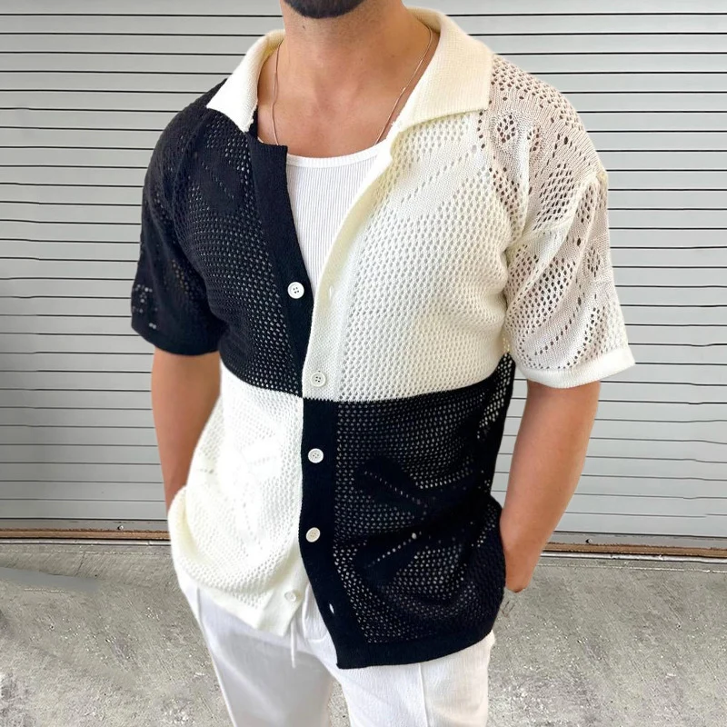 

2024 Fashion Hollow Turn Down Collar Shirts Men Clothing Short Sleeve Button Knitwear Top Summer Contract Color Knit Cardigan