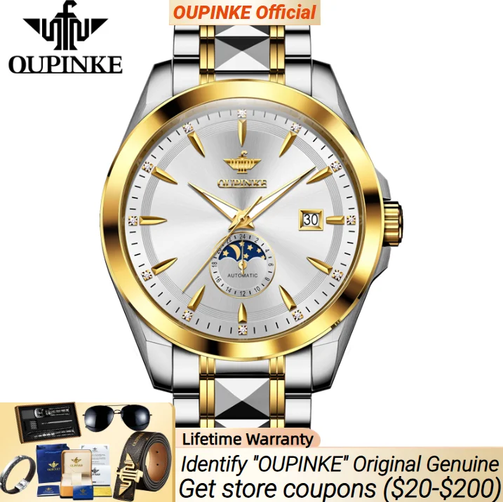 

OUPINKE 3292, мужские часы, оригинальные, лучший бренд, водонепроницаемые, 24-часовые, с фазой Луны, ручные часы, элитные мужские наручные часы