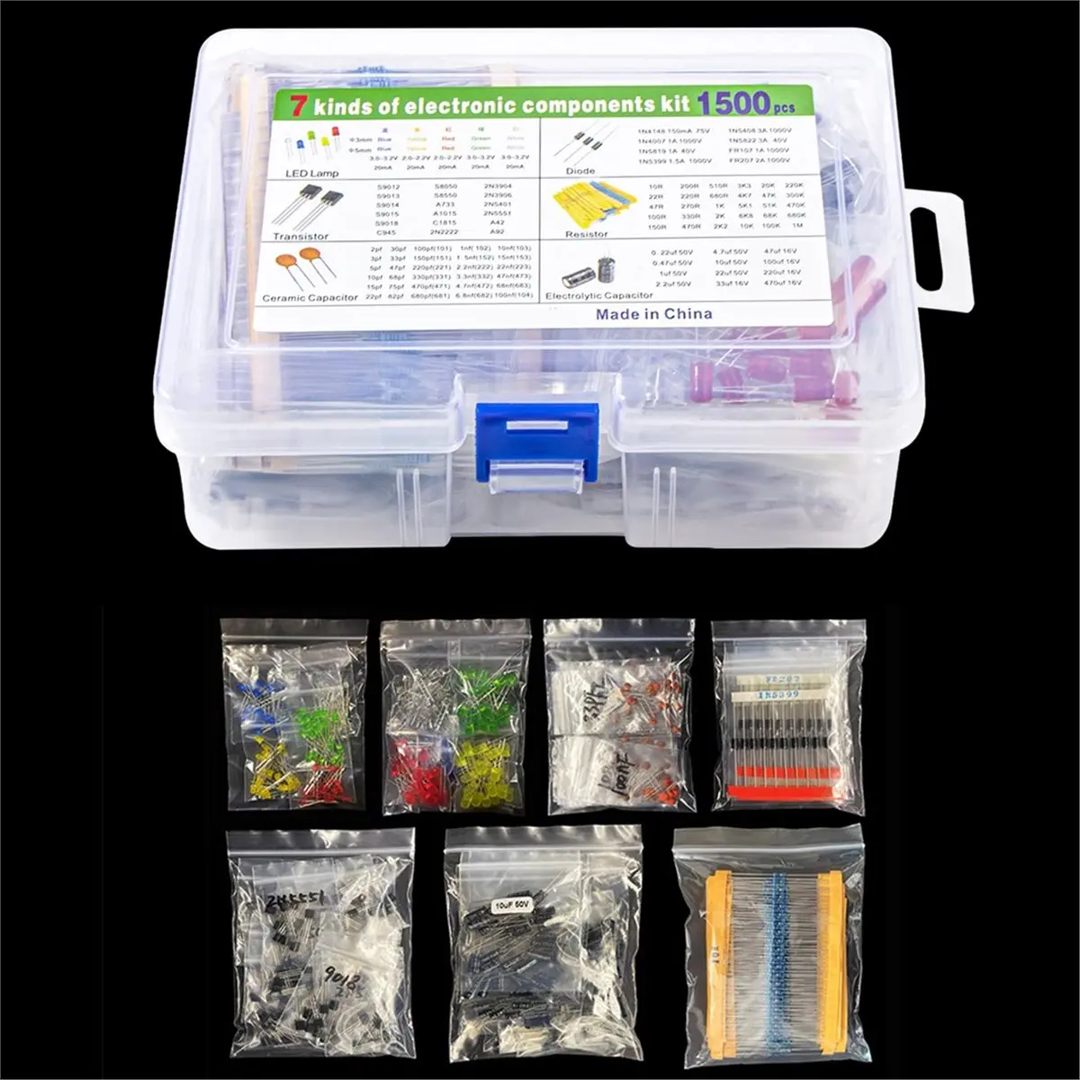 (A99Z] 1500pcs Electronics Component Assortment Kit Capacitors Led Diode Rectifier Resistor Transistor for DIY Project