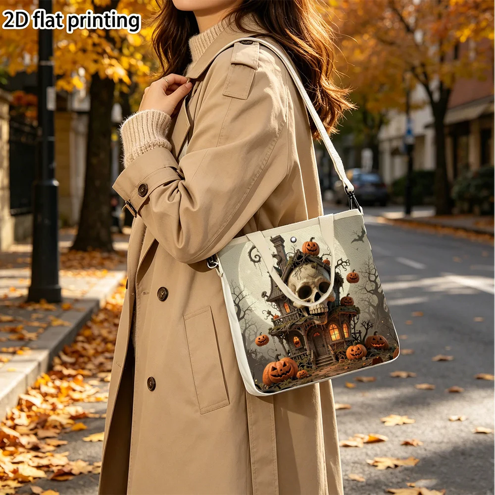 Skull house haunted Double-Sided Printed Canvas Tote Bag Removable Convertible Crossbody Strap for Women Campus Life