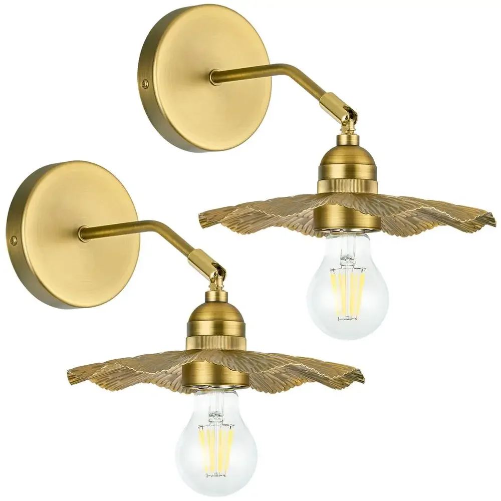 Adjustable Vintage Metal Wall Sconces Set of 2 Hardwired Antique Brass Lighting Fixtures with Lotus Leaf Design Home Decor