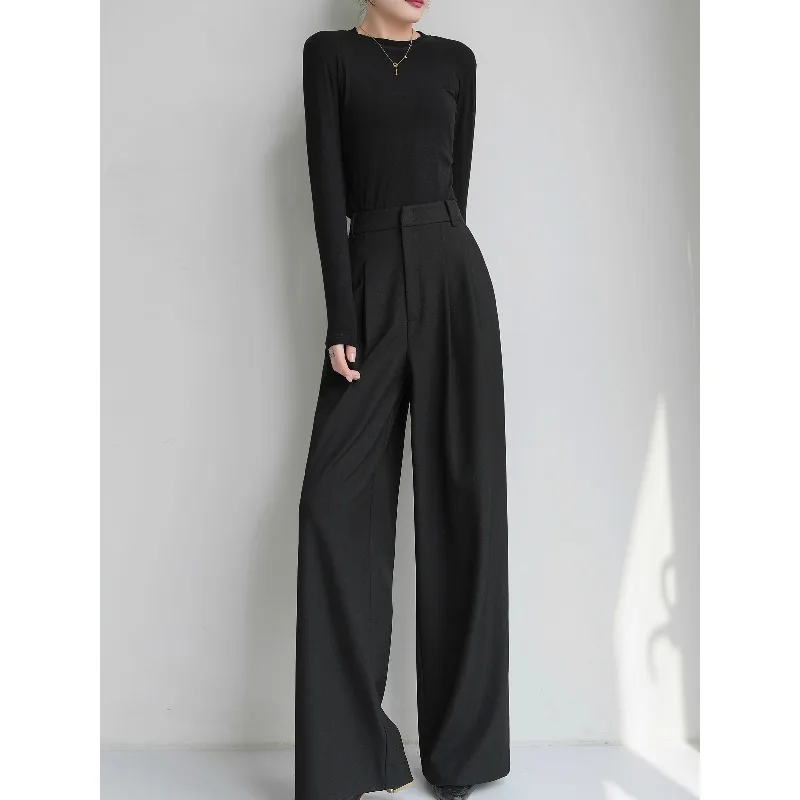 Novo quatro estações preto cintura alta alta casual pendurado calças para mulheres ao ar livre de alta qualidade versátil calças largas perna