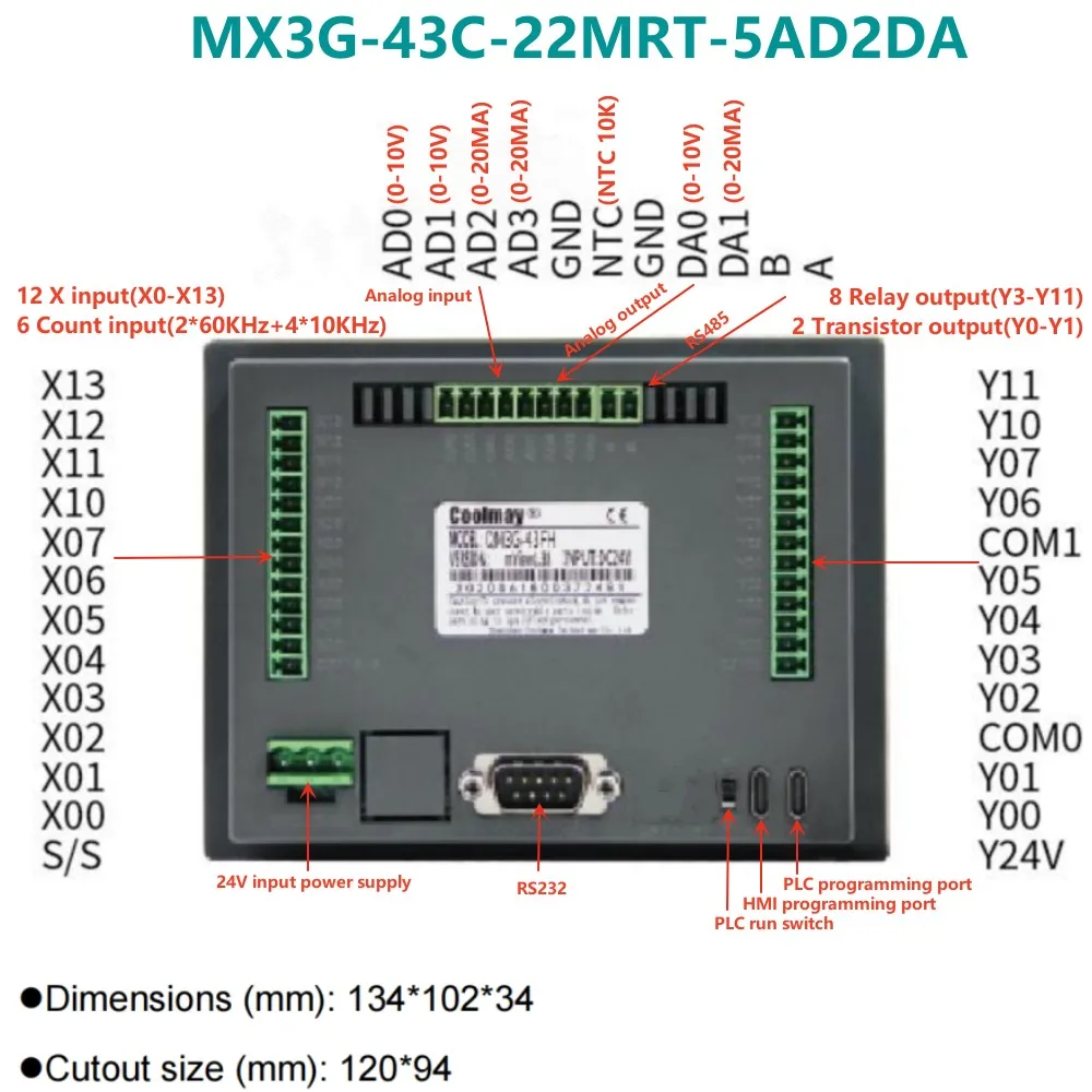 Produktbild von AIRUIXI HMI-PLC All-in-One MX3G-43C-22MRT – 4,3 Zoll, 5AD2DA, MODBUS RTU, RS485/RS232 – Für Automatisierung