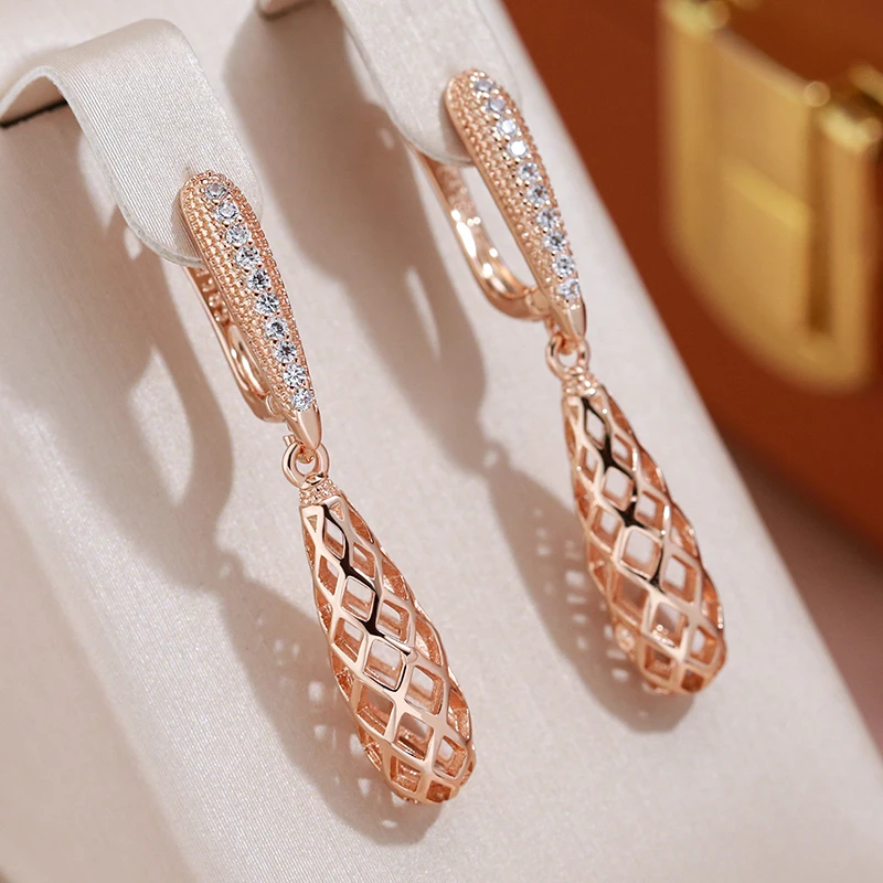 JULYDREAM Elegant Water Drop Mesh Pendant Earrings for Women Trendy 585 Golden Geometric Jewelry Sparkling Zircon Accessories