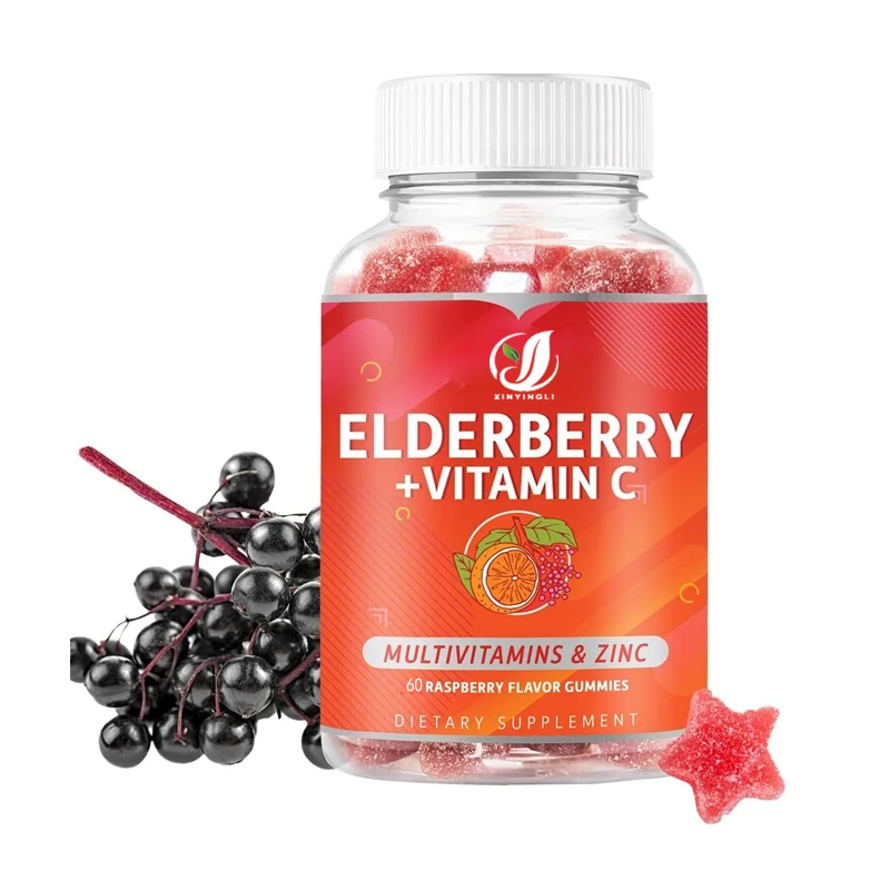 

Elderberry gummies contain zinc and vitamins C, D, A, E, providing immune support, suitable for bones and teeth, non GMO