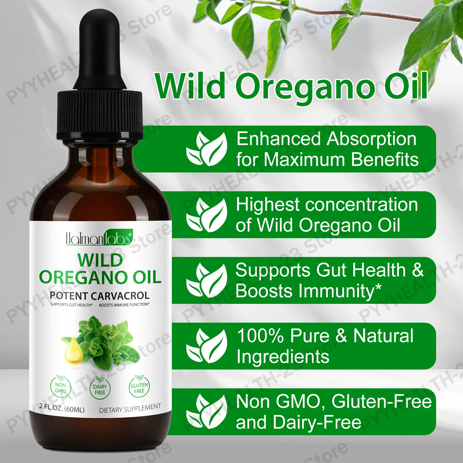 HallmanLabs Wild Oregano Oil Drops Promote Digestion Care for The Intestines Provide Energy with Standardized 70% Carvacrol 60ml