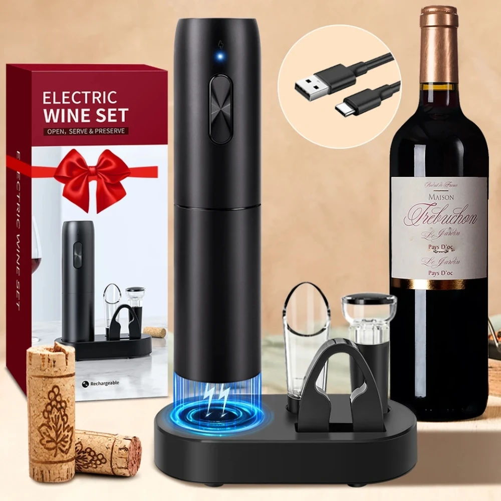 Electric Wine Opener Set with Charging Base Automatic Corkscrew with Aerator Pourer and Foil Cutter for Kitchen Bar Party