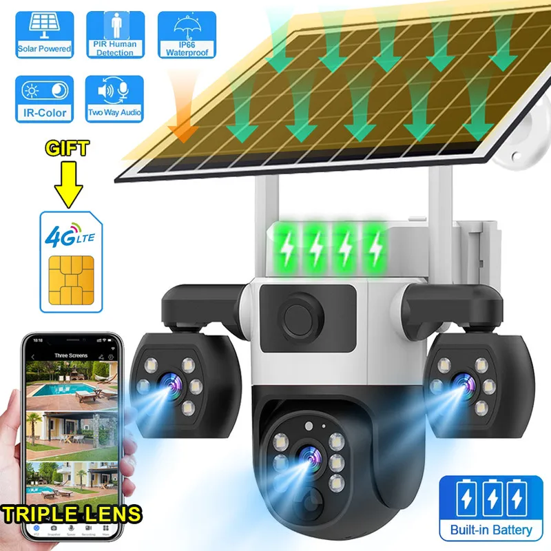 4G Wifi Solar Powered 6MP Triple Lens Security Camera Outdoor PTZ Full Color Night Vision Waterproof IP66 with Two-Way Audio