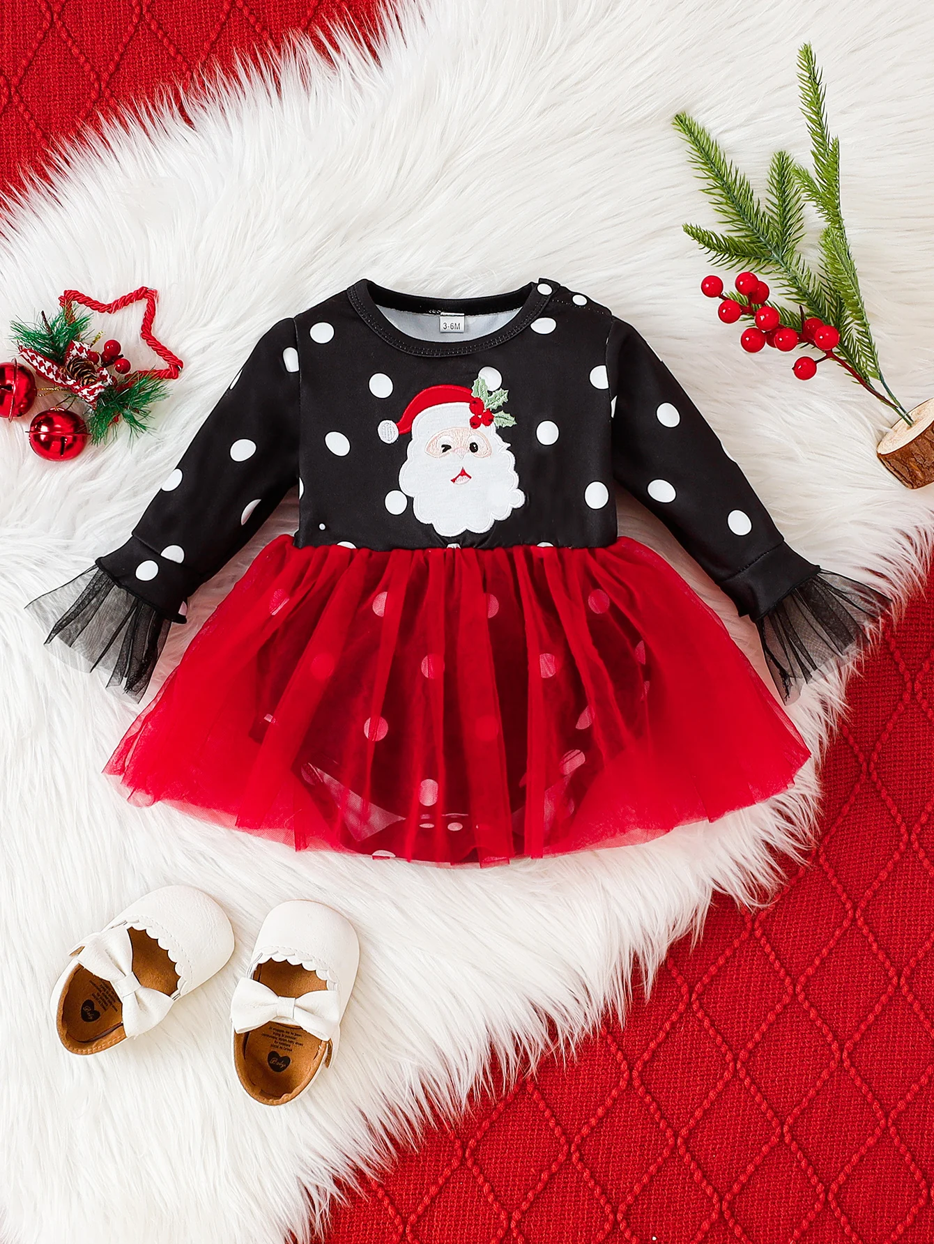 1Pcs Fall Winter Baby Girl Christmas Dress,Santa Embroidery Polka Dot Long Sleeve Tutu Skirt,Cute Sweet Photo Outfit for 0-12M I