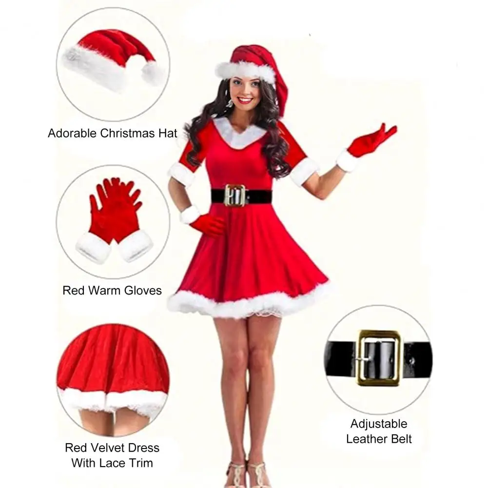 ミセス・クロースコスチュームセット 女性用 4点セット 	 サンタクロースコスチューム 大人用 ベルベットサンタクロースドレス ベルト付き サンタ帽子 手袋セット パーティー用