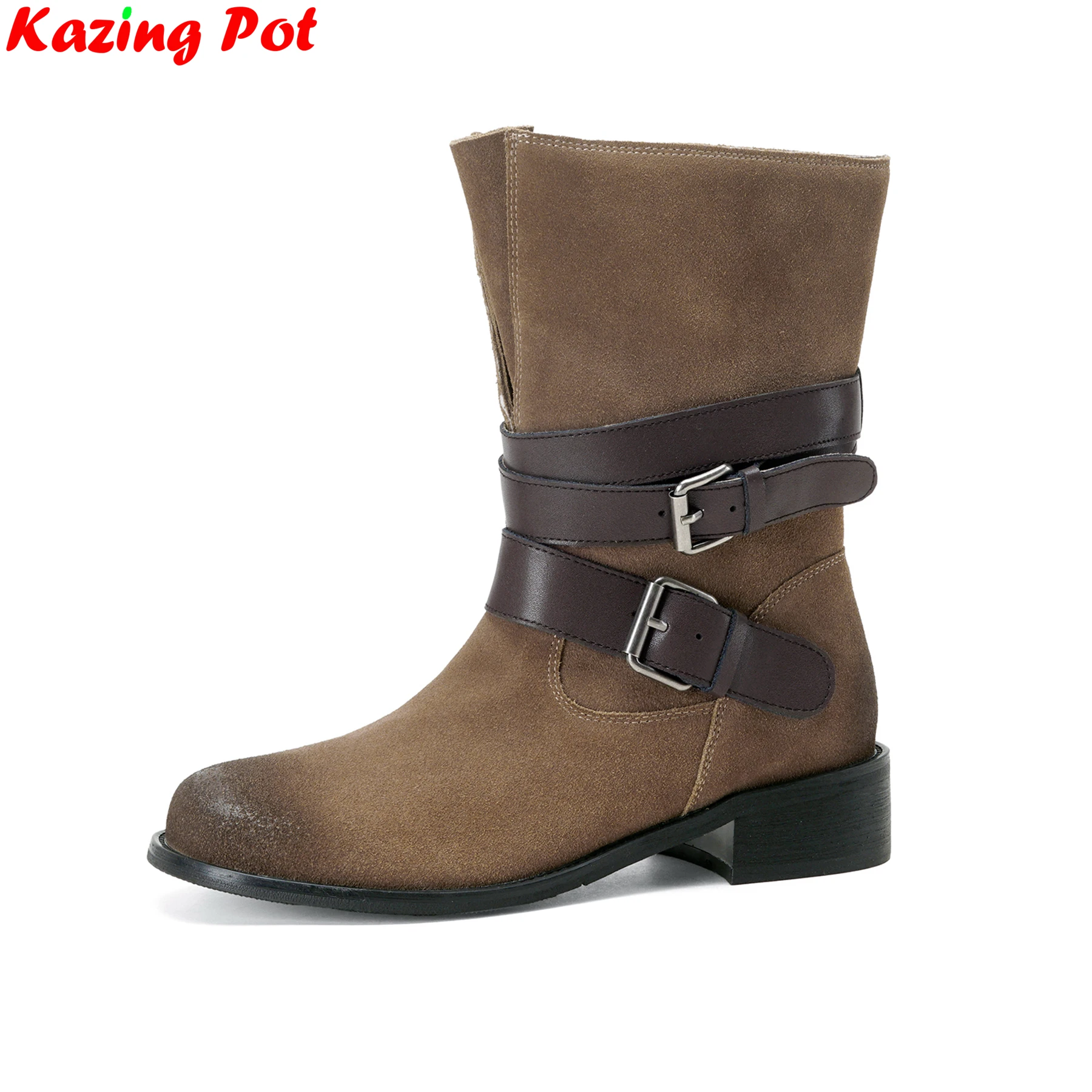 Botas de tacón medio con hebilla de cuero de vaca, tallas grandes 32-44, estilo occidental moderno, calzado de invierno cálido, para citas, baile, vestido informal, botines hasta el tobillo.