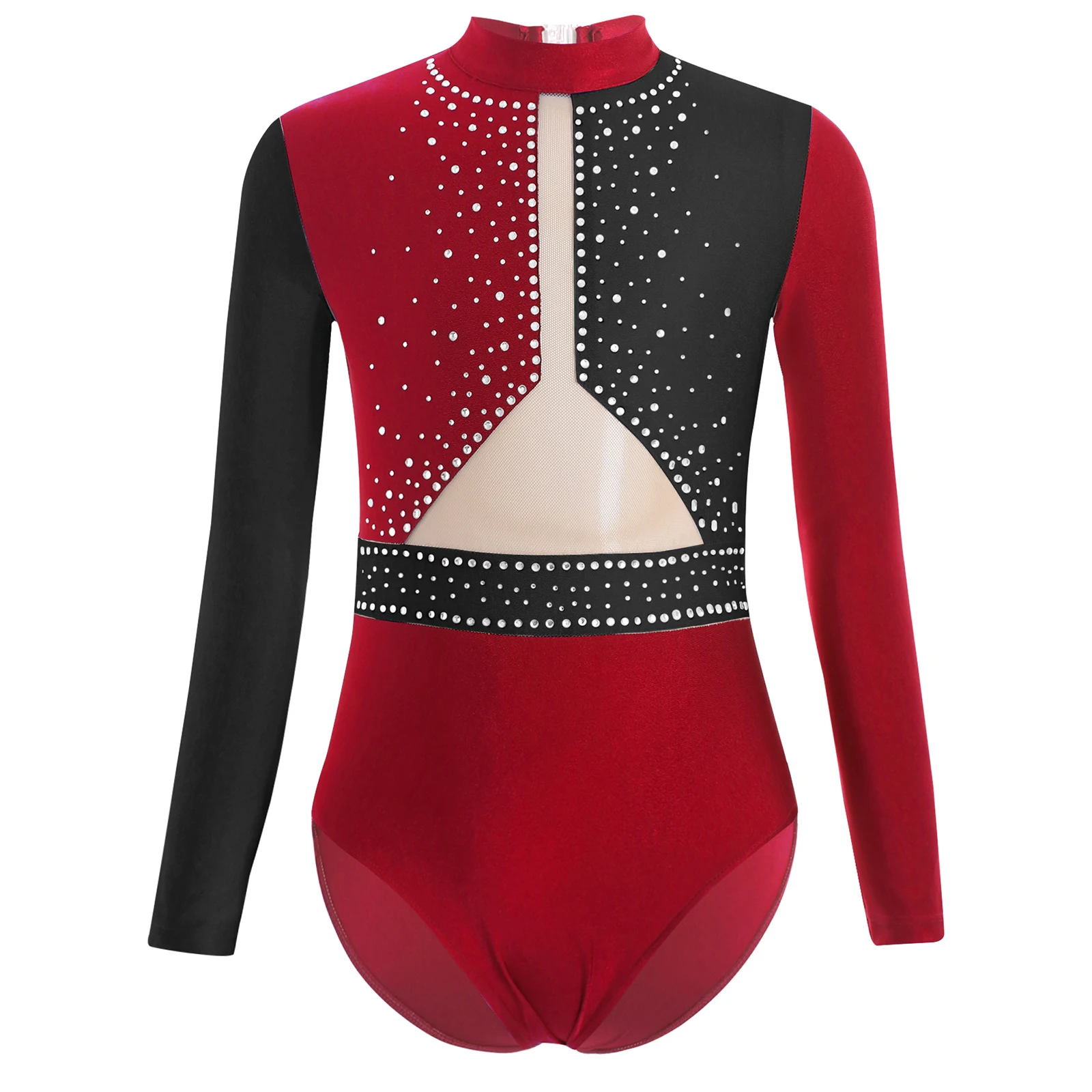 Girls Gymnastics Outfit Long Sleeve Keyhole Back Bodysuit Patchwork Sparkly Rhinestones Leotard Figure Skating Dance Jumpsuits