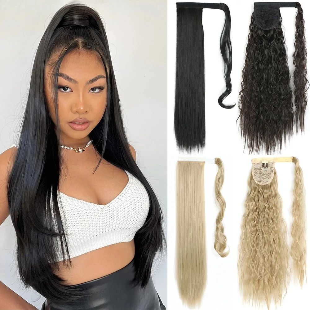 

Синтетический длинный прямой хвост с запахом на заколке для наращивания волос Шиньон Волокно Черный блондин Искусственные волосы Конский хвост