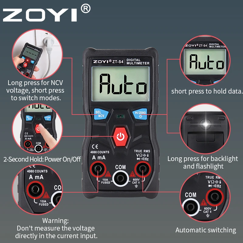 Digital multimeter tester ZT-S1/S4 automatic range true effective value fully automatic multimeter with NCV LCD screen tool test