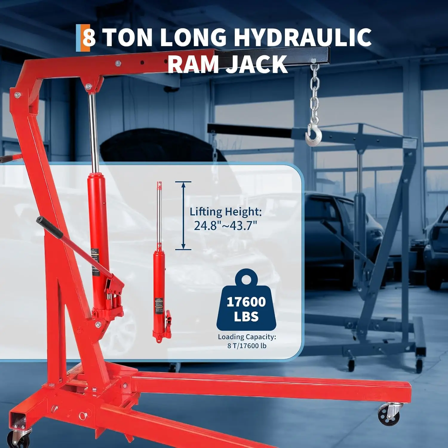 

Hydraulic Long Ram Jack With Double/Single Piston Pump And Clevis Base, 8 Ton Capacity, For Garage/Shop Cranes, Engine Hoists