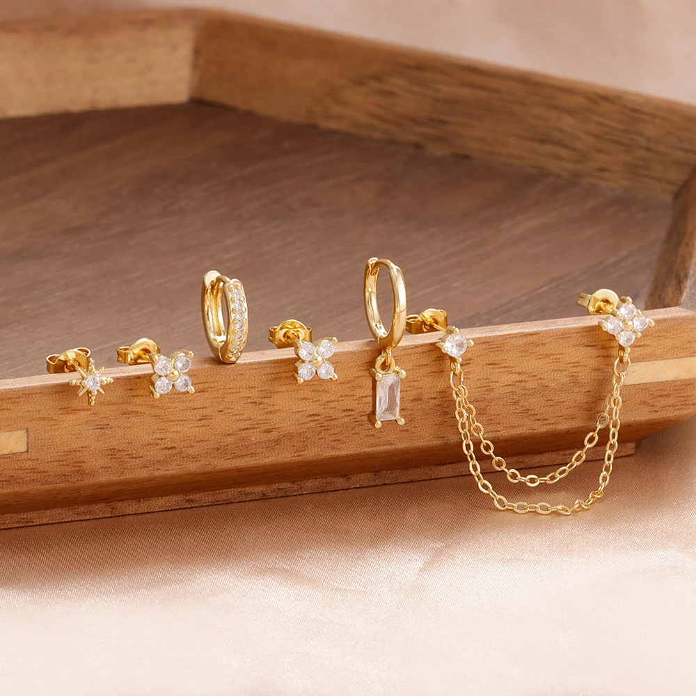 6PCS Flower Dangle Ear Stud Stackable Earring Women Earring Hypoallergenic Lightweight Vacation Party Jewelry Accessories