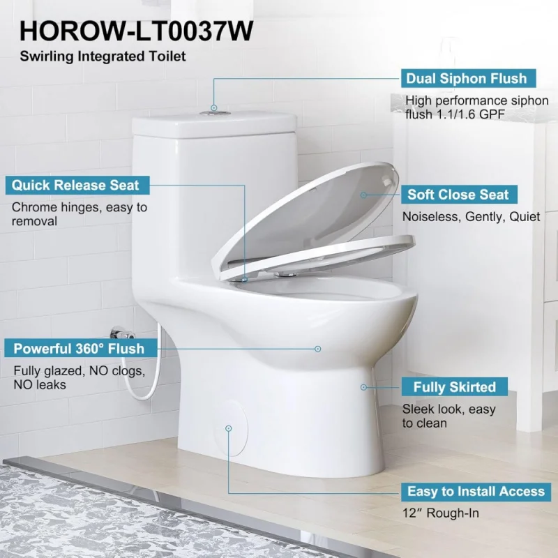 Elongated One Piece Toilet For Bathroom, Powerful & Quiet Dual Flush Modern Toilet & Soft Closing Seat Include, 12 Rough-In