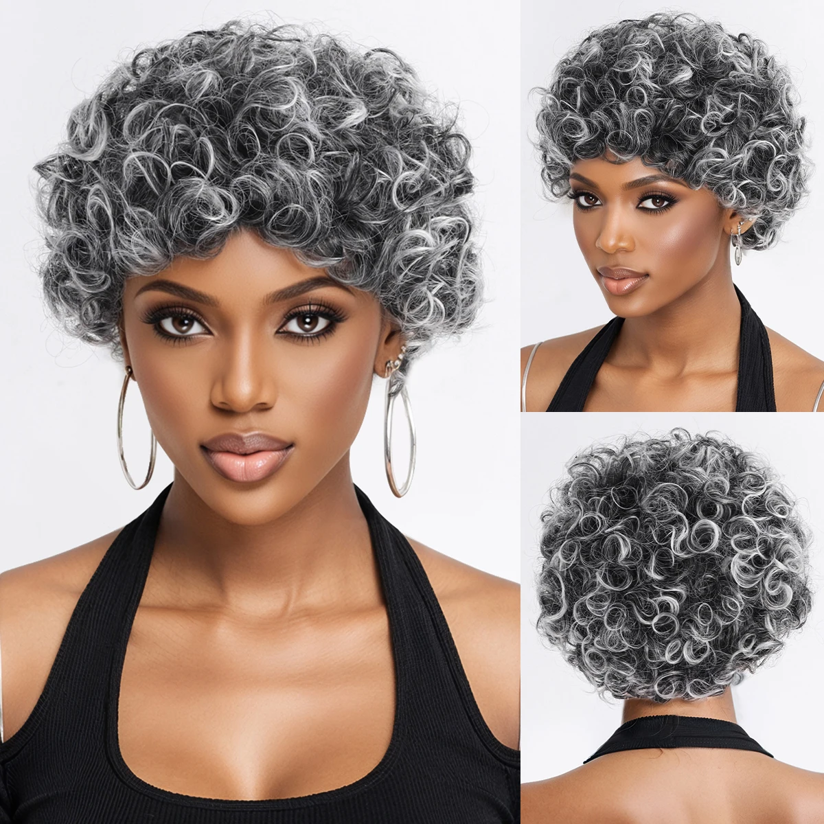 

Wig gray old lady white short curly hair Halloween Synthetic fiber wig