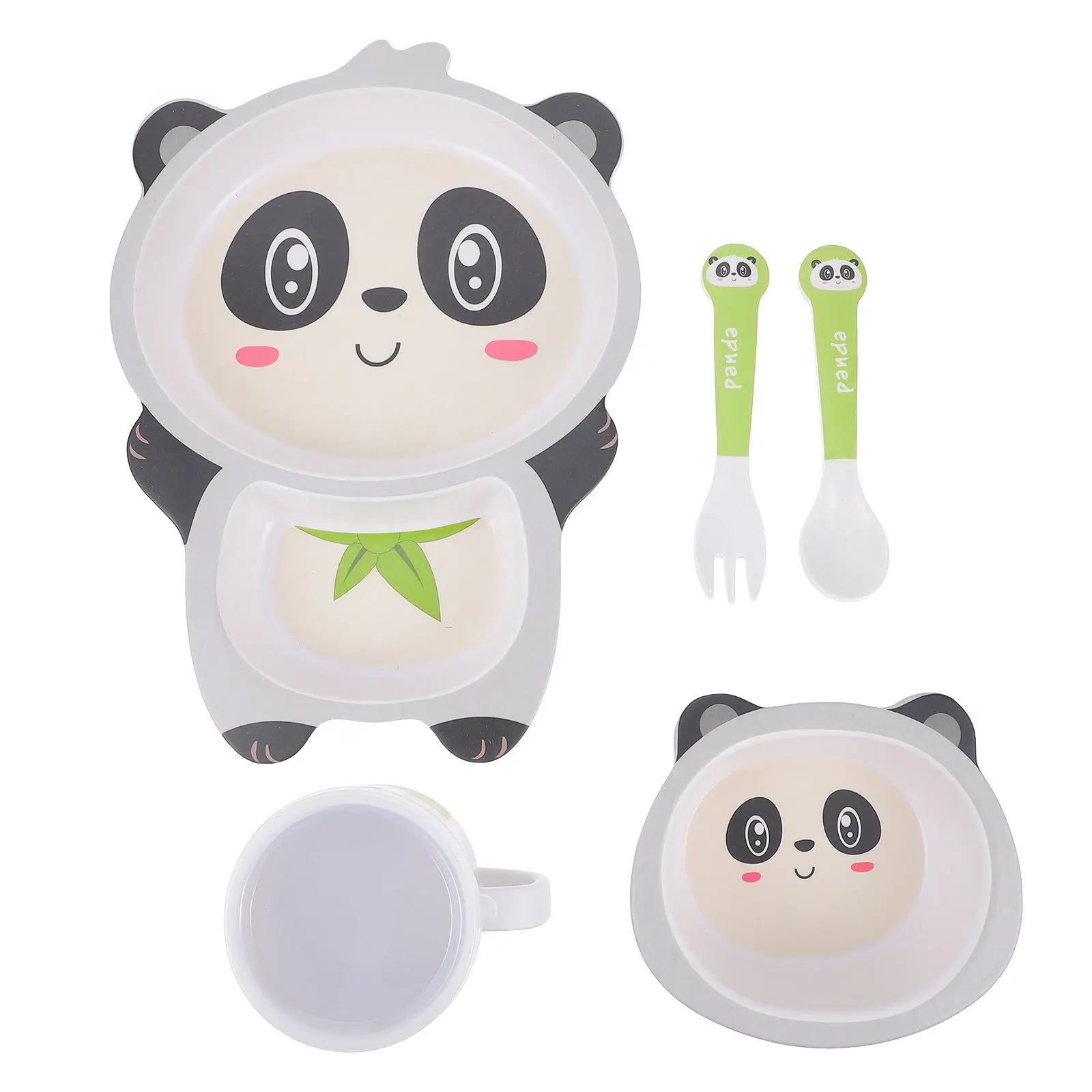 

5Pcs Child Food Plate Set Bamboo Fiber Compartment Dish with Utensils Bowl Cup for Kids Breakfast Lunch Snack Dessert Fruit