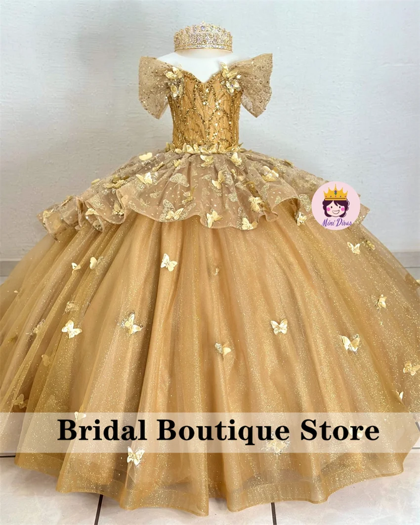 

Princess Gold Flower Girls Dresses Applique Butterfly Dimoands Beads Pageant Dresses Pearls Child Birthday Party Gown Customized