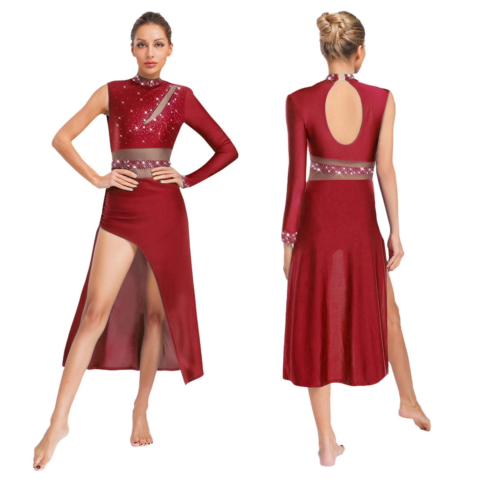 

Womens Asymmetrical Lyrical Dance Dress Shiny Rhinestone Slit Hem Backless Bodycon Dress for Jazz Modern Dance Stage Performance