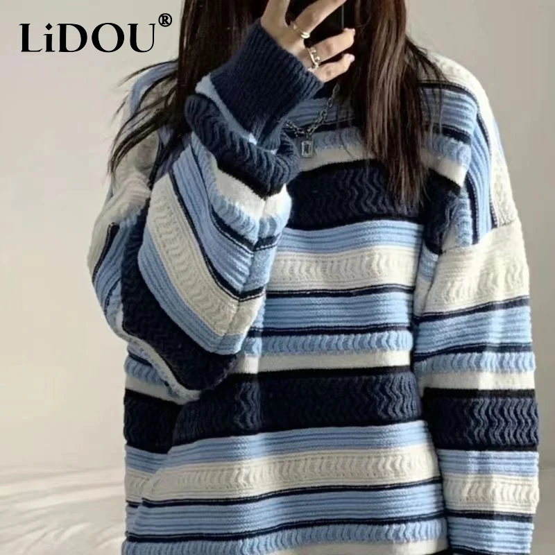 2023 Spring Autumn New Round Neck Long Sleeve Fashion Striped Sweater Women Contrast Color Jacquard Weave Loose Casual Pullovers