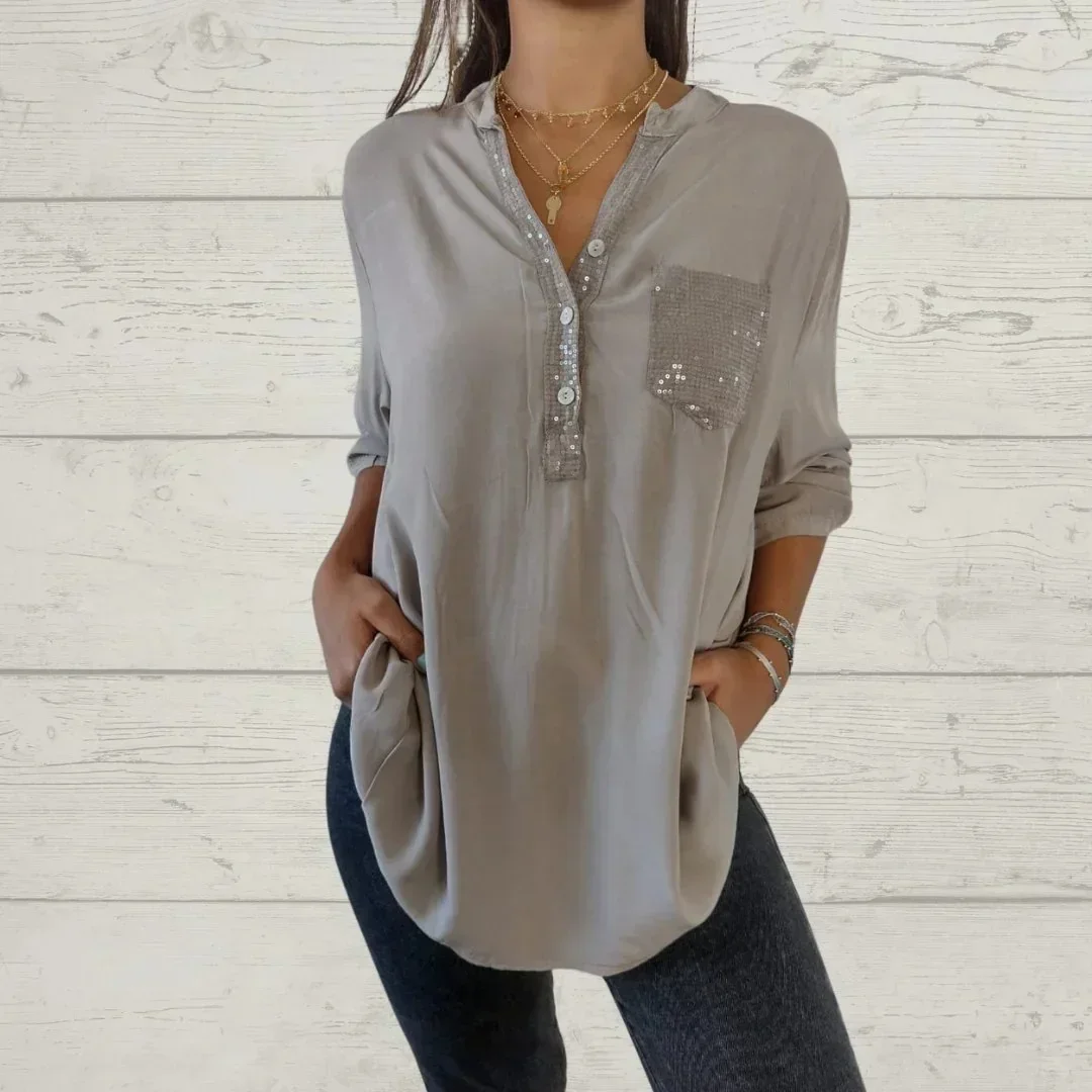 Cotton V-neck Sequin Mid-sleeve Casual Top Summer Women Blouses Casual Loose Collar Button Printed Sun Protection Pocket Shirt