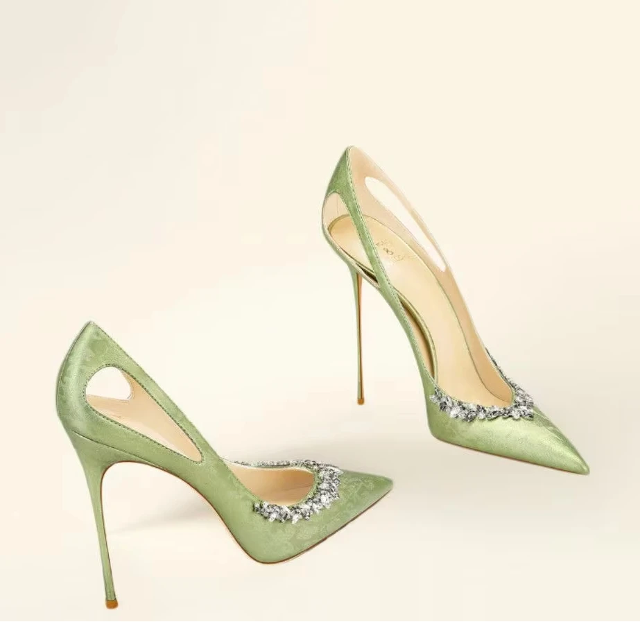 

Water Diamonds Green Satin High-Heeled Shoes Women's Shoes New Fashion Design Openwork Pointed Toe Thin Heel Shoes For Women