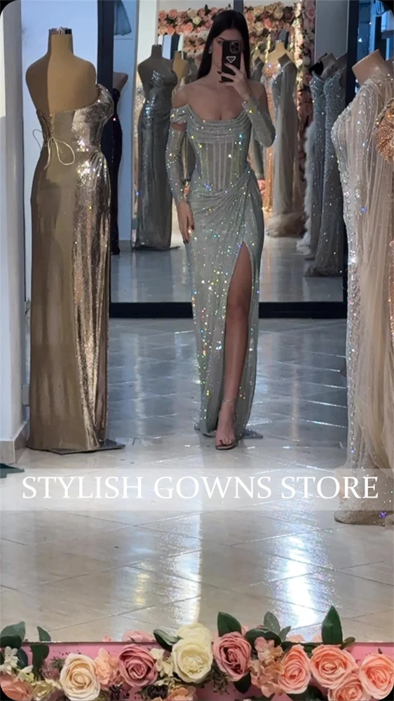 Dubai Silbergraue Pailletten-Abendkleider mit schulterfreien Perlen und langen Ärmeln, maßgeschneidert, EA Gonz Como Trading Side High Split Robes de Soirée
