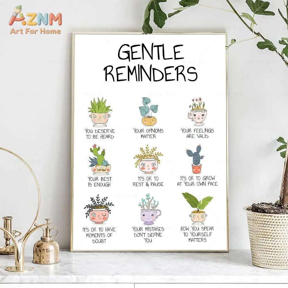 AZNM Gentle Reminders Canvas Wall Art Cute Cartoon Plant Positive Mental Health Quote Print Frameless Canvas Painting Bedroom Of