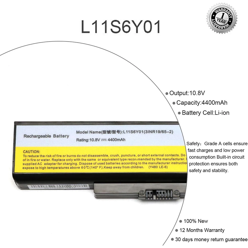 Batería de Repuesto para Portátil Lenovo IdeaPad de 48Wh, Compatible con los Modelos Y480, G480, Y580, Z380, Z480, Z580, Z585, G480, G580, P/N: L11S6Y01, L11L6Y01, 45N1043