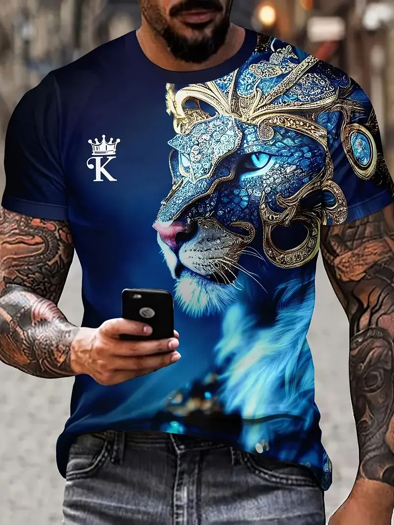 

For Daily Wear & Vacation ResortsMen's 3D Lion Print Graphic Tee - Stylish Comfy Summer T-Shirt