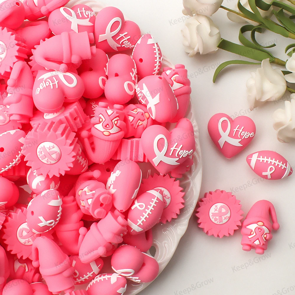 5/20/50Pcs Awareness Month Theme 3D Silicone Beads Cute Pink Heart Gnome Ribbon Daisy Rugby Shape Focal Beads for Jewelry Making