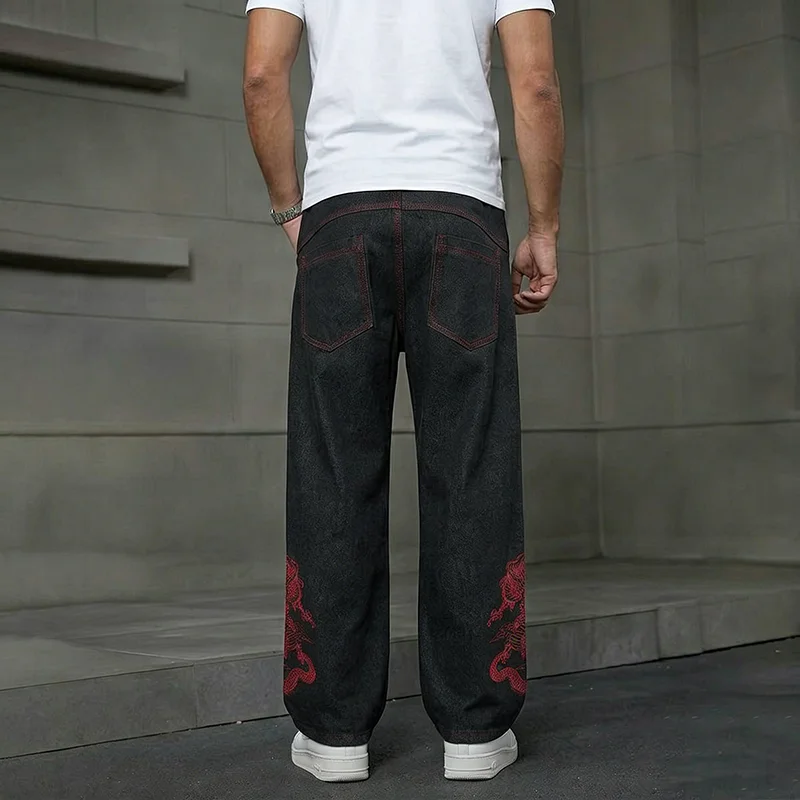 Men's Vintage Embroidered Straight Loose Wide Leg Jeans American Street-Style Hip-Hop Black Multiple Button Design Denim Pants
