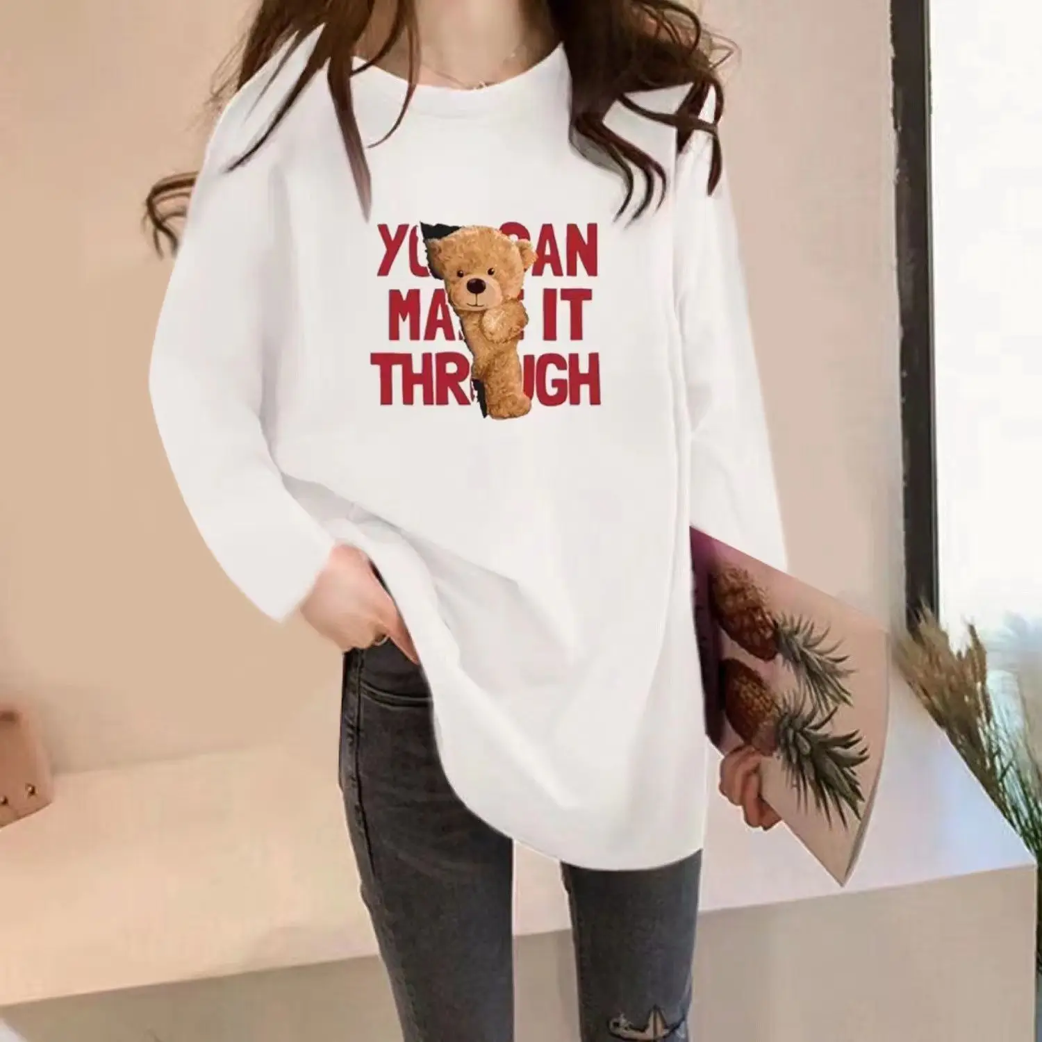 Cotton Long Sleeved T-shirt Women 2023 Autumn New Korean Loose Cartoon Print Medium Length Casual All-match Lady Classic Top