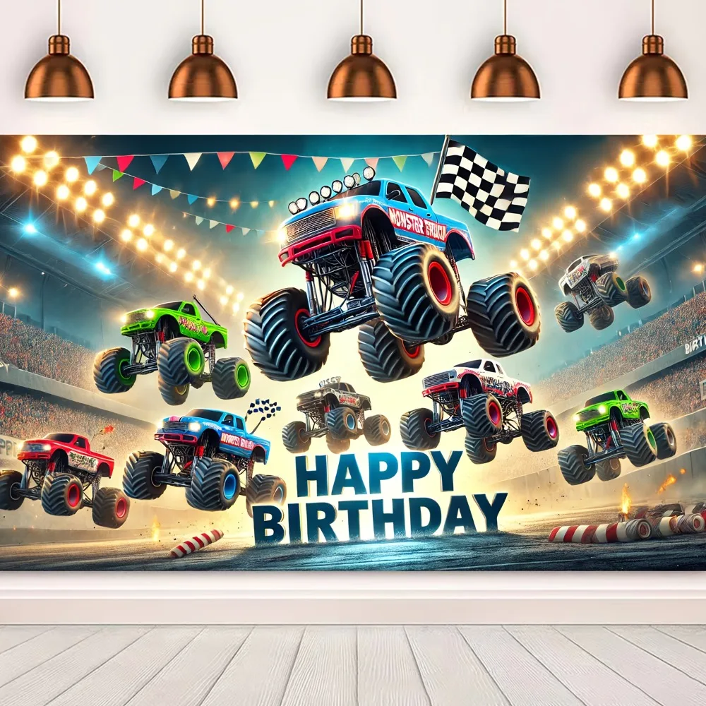 Monster Truck Geburtstagsbanner Polyester flaches 3D-Design, geeignet für Jungenpartys, Babypartys, Heckklappenpartys