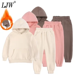 3-12 year old winter children's clothing solid color thickened girl hooded pullover top warm boy long sleeved pants set baby