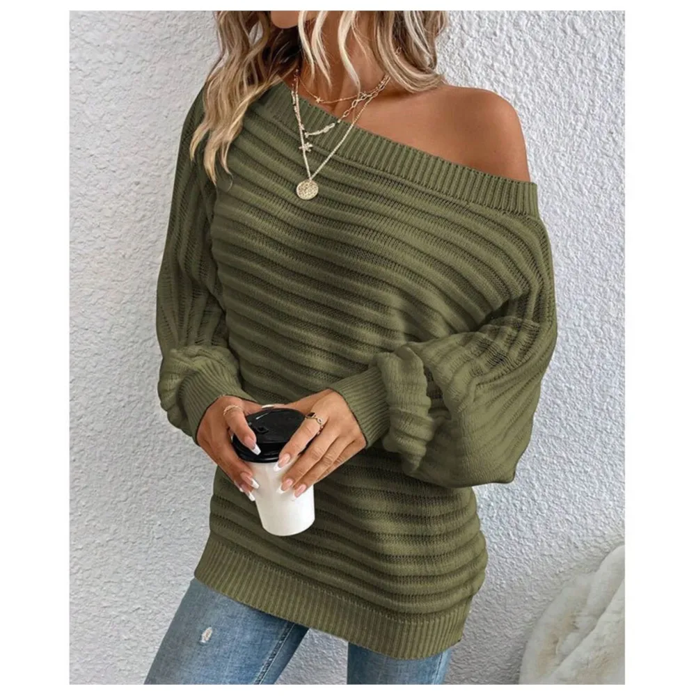 

Autumn Winter Pullover Sweater Top Solid Color One-shoulder long Sleeve Knitted Sweater Top Fashionable elegant Women Clothing