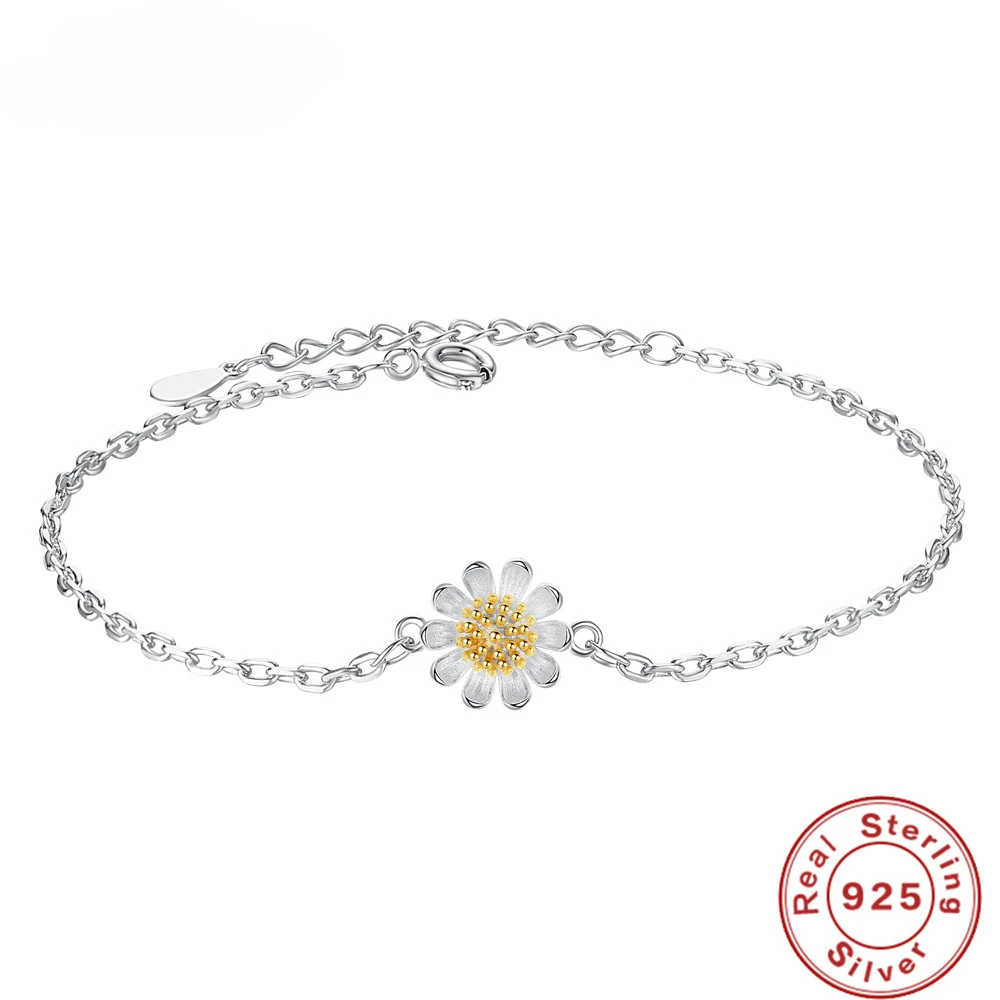 S925 Sterling Silver Bracelet Simple Sunflower Small Daisies Chrysanthemum Sunflower Bracelet Jewelry Gift For Women