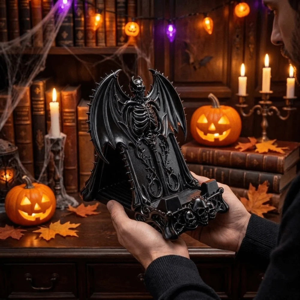 3D Printed Skull Phone Stand Spooky Dark Fantasy Cell Phone Holder Stable Plastic Devil Bat Phone Storage Rack Dorm Room