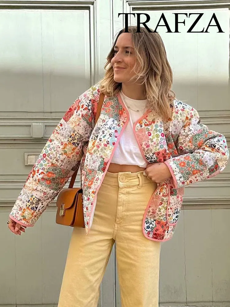 TRAFZA Autumn Women Fashion Floral Print Quilted Jacket O Neck Long Sleeve Female Chic Casual Loose Outerwear Streetwear Mujer