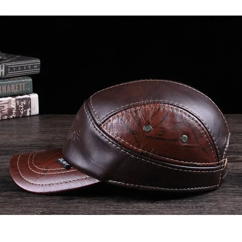 New Winter Man Genuine Leather Baseball Caps Male Casual Cowhide Belt Ear Warm 56-60 Adjustable Splice Flight Hats