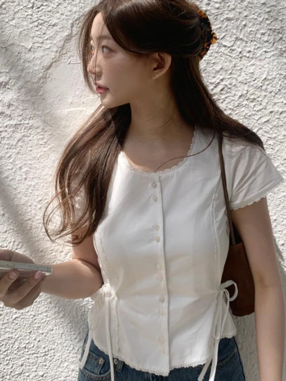 Pure Desire Sle Lace Trim Belted irt Summer New Arrival Women's Slim Fit round Ne ort Sve  Color Commute Sle