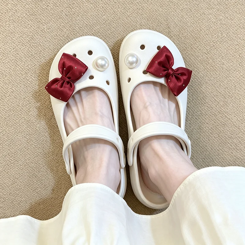 Sweet Wine Red Bowknot Ballet Clogs Accessorie Summer 2026 Korean Style Pearl Shoes Charm Set Woman's DIY Shoes Decorations