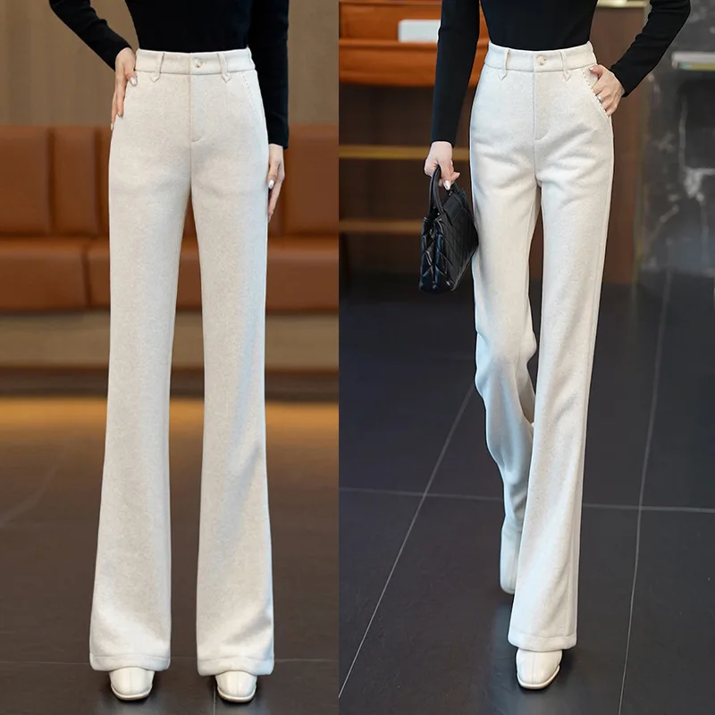 Elegant Commuting Woolen Flared Suit Pants for Women, Autumn and Winter New Fashion, High Waist Slimming Flared Pants Trend