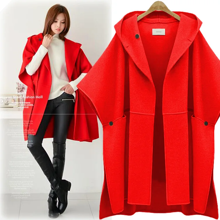 Autumn Winter 2022 Bat Sleeve Cloak Wool Coat Large Size Women Loose    Clothing Jackets A-line Hooded  Blends