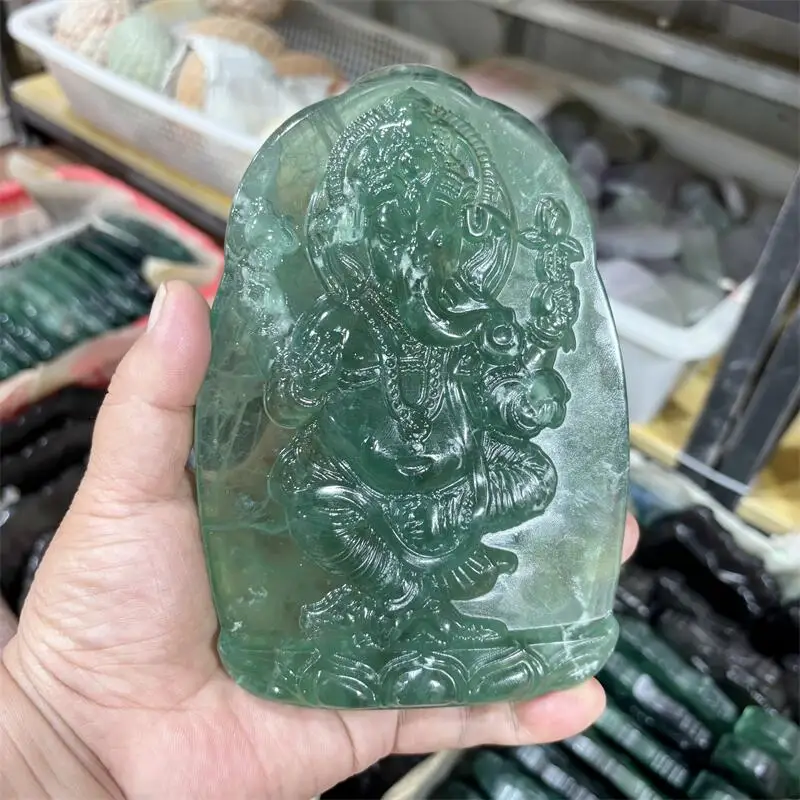 

Натуральный зеленый флюорит Ганеша, резьба, мультяшные камни, целебные полированные минеральные украшения, украшение для дома, 1 шт.